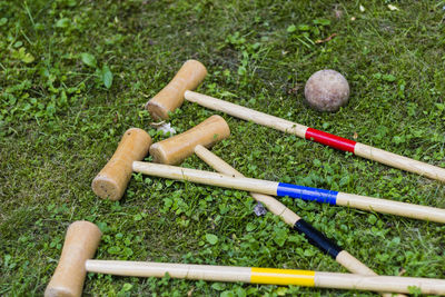 High angle view of polo mallet on field