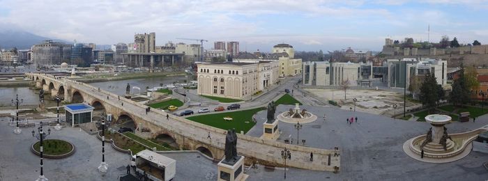 High angle view of buildings in city against sky