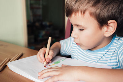Cute boy drawing picture in album, home education