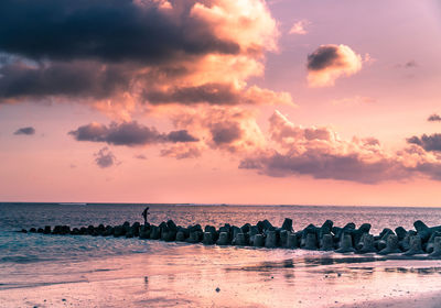 Person standing on tetrapods at beach against sky during sunset