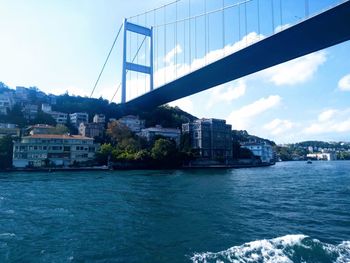 View of bridge over sea against buildings