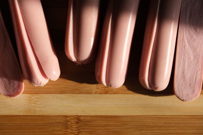High angle view of bread on wooden table