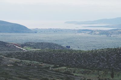 High angle view of field against sky