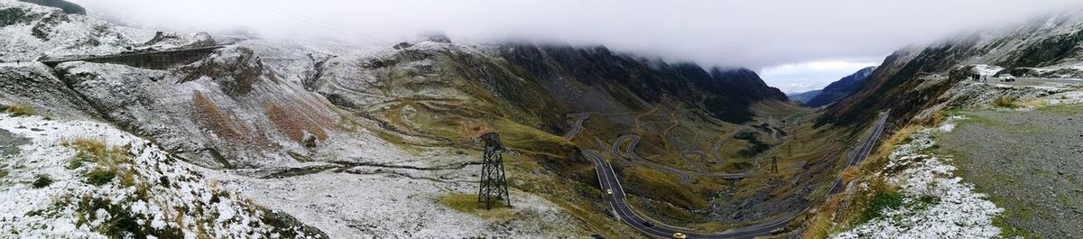 Scenic view of mountains against sky during winter