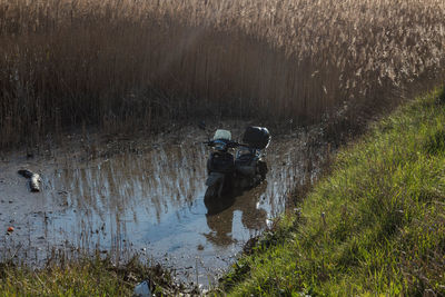 High angle view of motorcycle on field