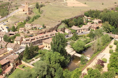 High angle view of buildings against sky