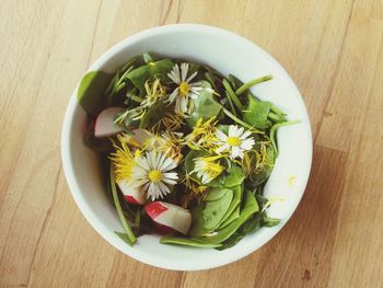 High angle view of salad in bowl on table