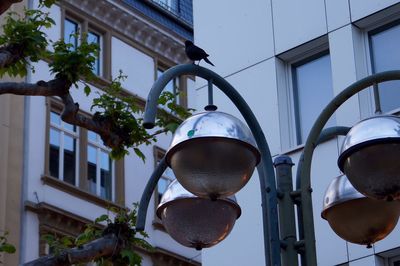 Low angle view of street light against building