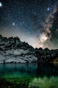 Scenic view of lake against sky at night