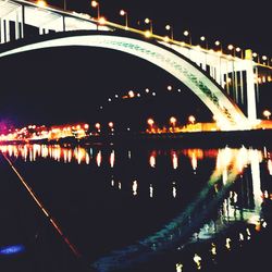 Illuminated bridge over river at night