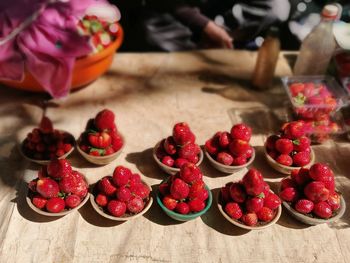 High angle view of strawberries in market