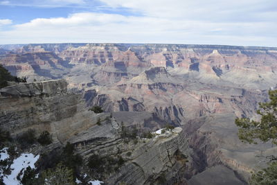 Rock formations in canyon against cloudy sky