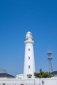 Low angle view of lighthouse by building against clear blue sky