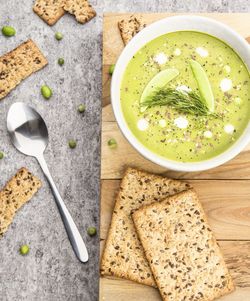 High angle view of breakfast served on table