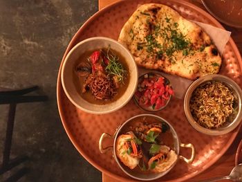 High angle view of meal served on table