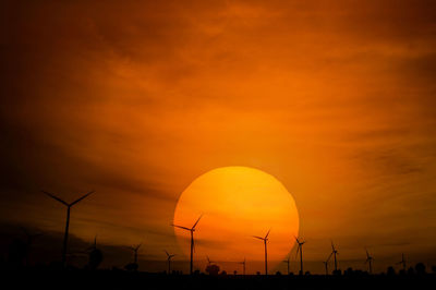 Silhouette of wind turbines at sunset