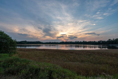 Scenic view of lake against sky during sunset