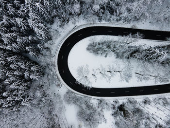 High angle view of snow covered field