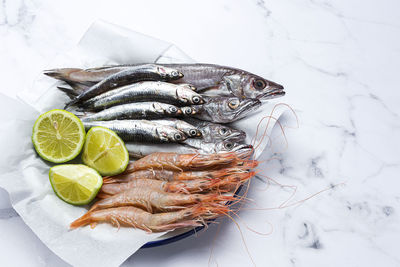 High angle view of fish on table