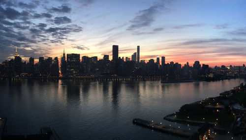 City skyline at sunset