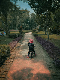 Rear view of woman walking on footpath in park