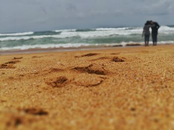 Rear view of two people standing on beach