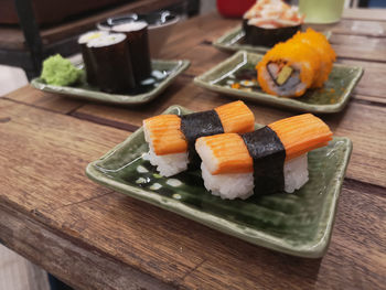 High angle view of sushi served on table