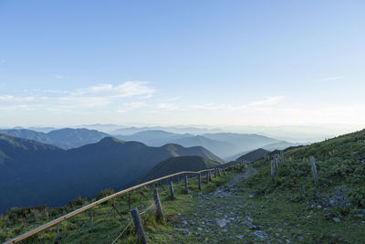Scenic view of mountain range against blue sky