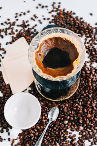 High angle view of coffee on table