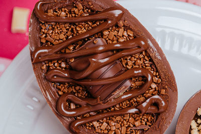 High angle view of chocolate cake on table