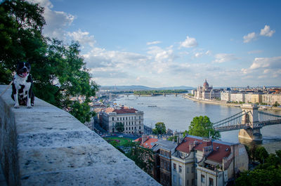 Aerial view of bridge over river against sky