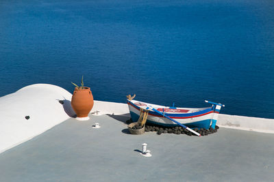 High angle view of boats moored on sea