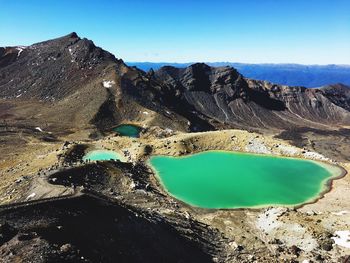 Scenic view of volcanic mountain against clear blue sky