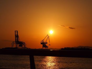 Silhouette of cranes at sunset