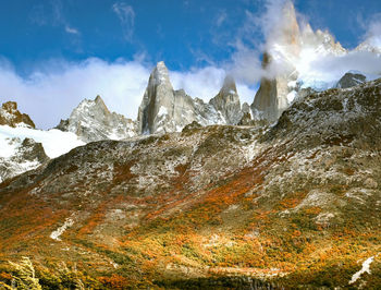 Panoramic view of snowcapped mountains against sky