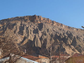 Scenic view of mountains against clear blue sky