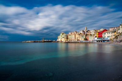 View of buildings by sea against cloudy sky