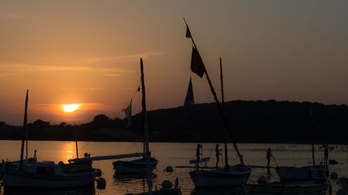 Sailboats in marina at sunset