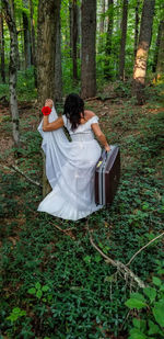 Rear view of woman carrying suitcase in forest