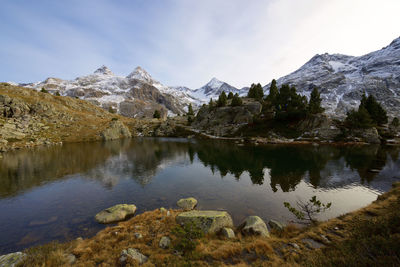 Scenic view of lake by snowcapped mountains against sky