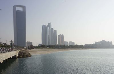 Panoramic view of city buildings against clear sky
