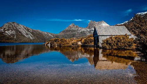 Scenic view of lake against blue sky