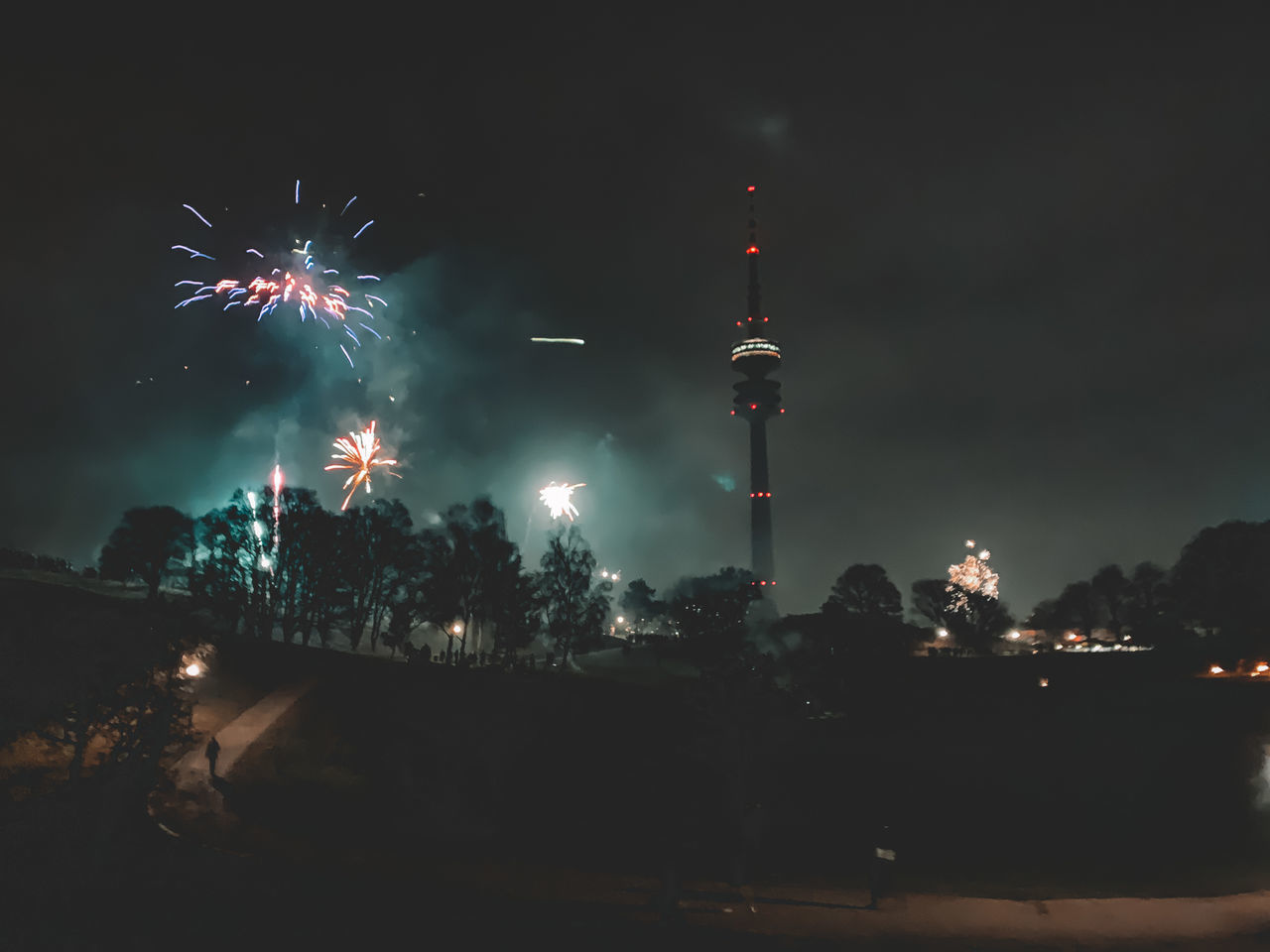 FIREWORK DISPLAY OVER CITY AT NIGHT