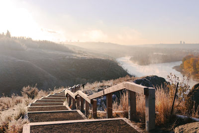 Wintry landscape with steps leading into the distance