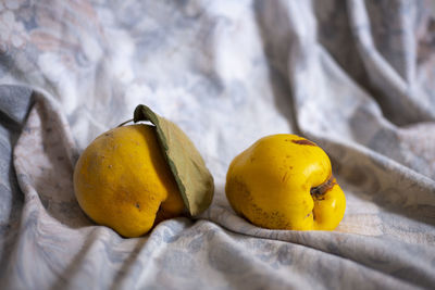 Close-up of yellow fruits on plate