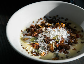 High angle view of meal served in bowl