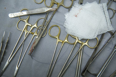 Directly above shot of medical equipment on table 