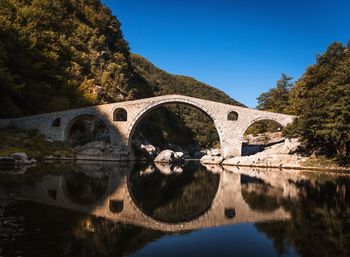 Arch bridge over river against clear blue sky