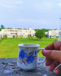 Hand holding tea cup against sky