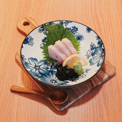 High angle view of dessert in plate on table